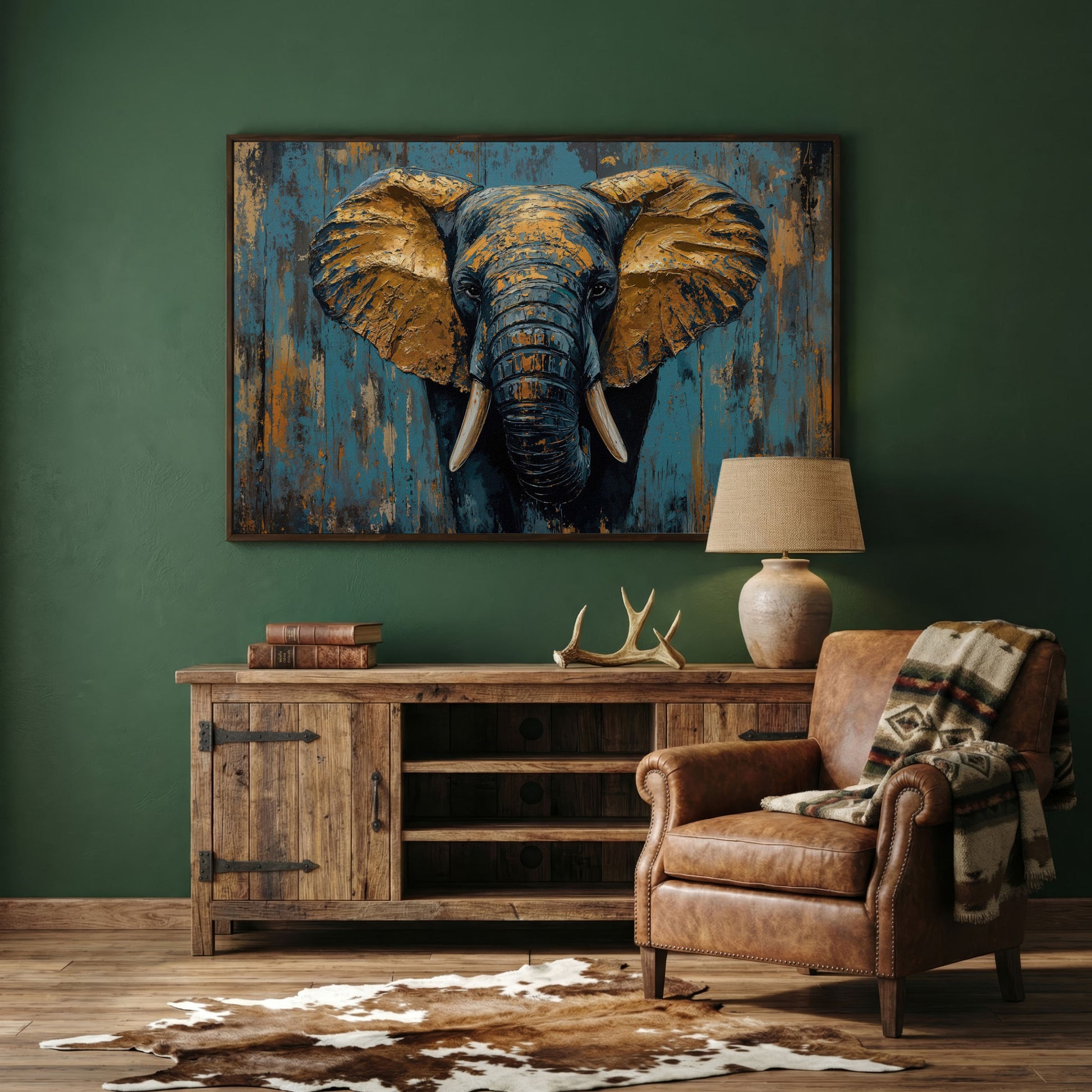 Elephant Portrait Canvas with Teal & Ochre in dark walnut floating frame