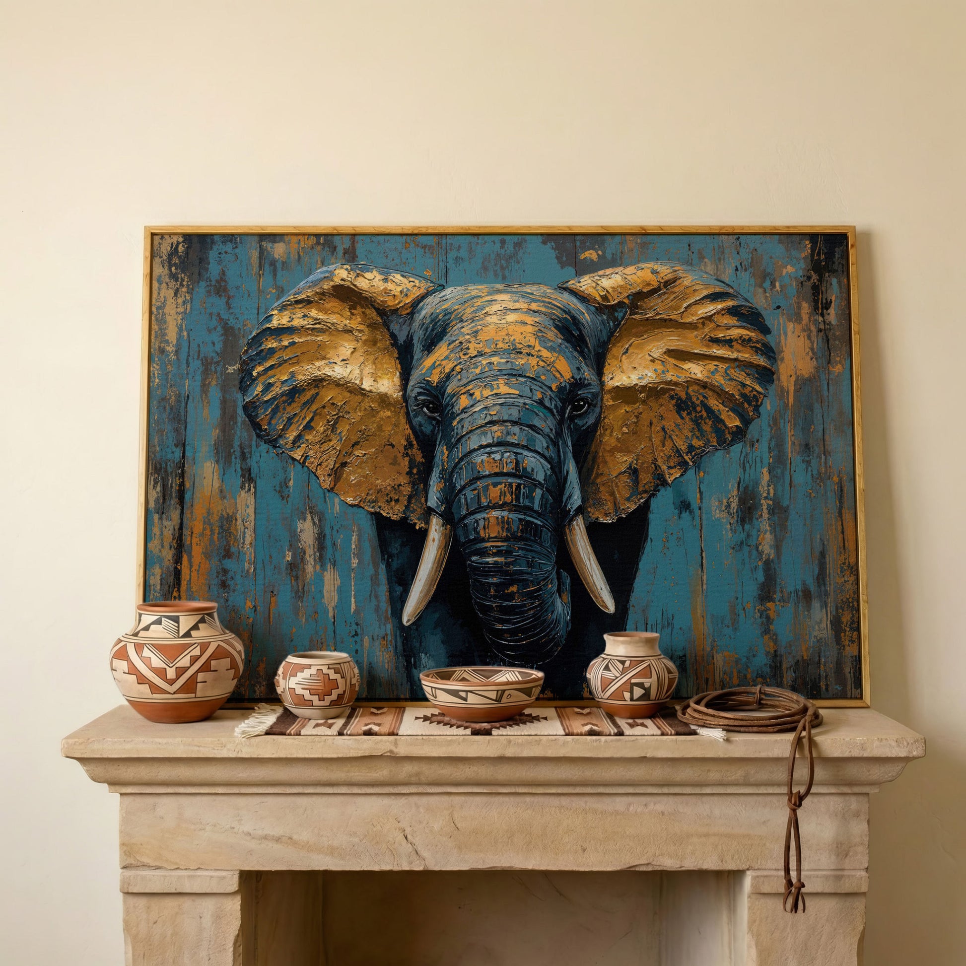 Elephant Portrait Canvas with Teal & Ochre in white oak floating frame