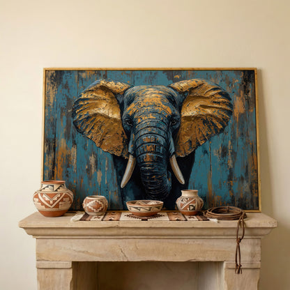 Elephant Portrait Canvas with Teal & Ochre in white oak floating frame