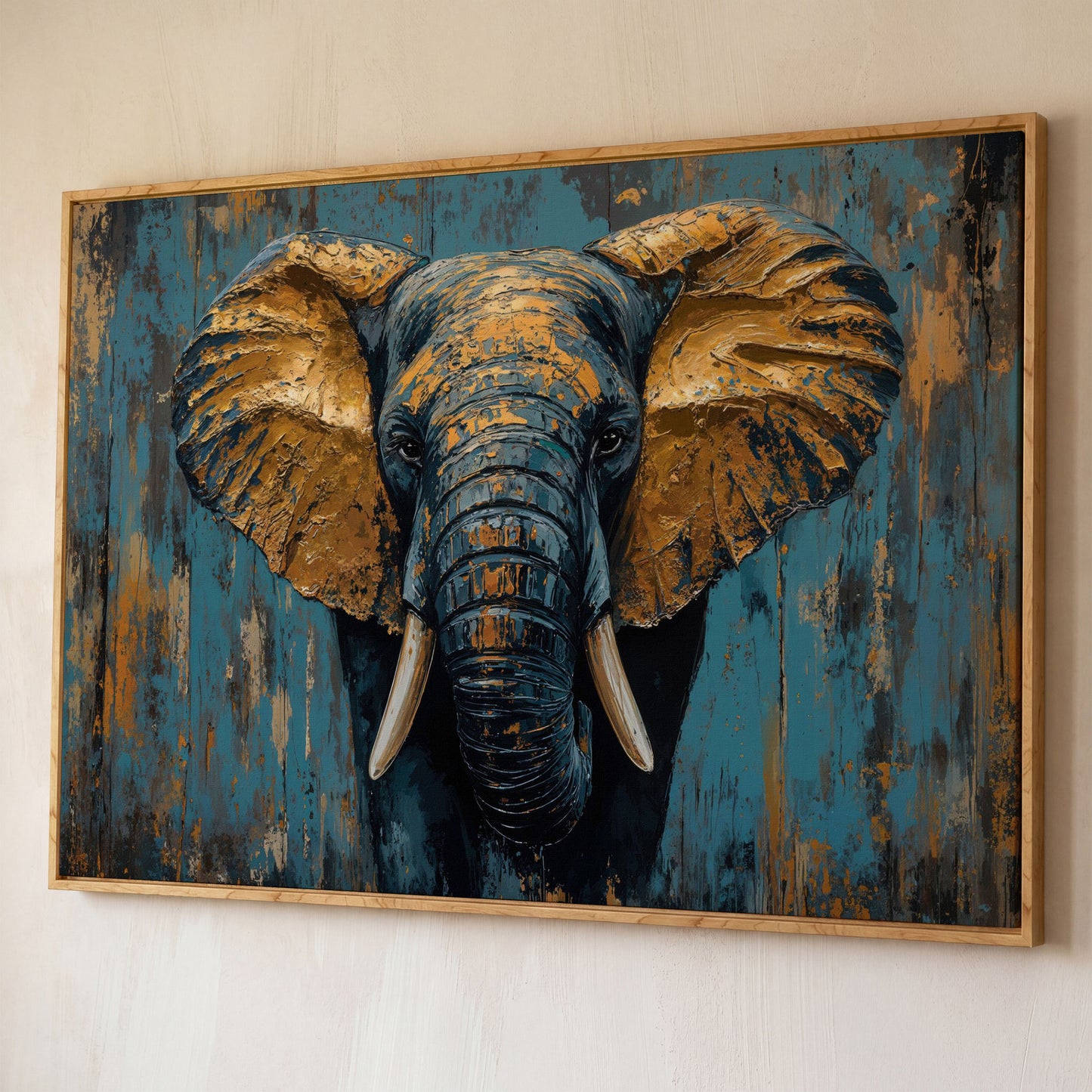 Elephant Portrait Canvas with Teal & Ochre shown in white oak floating frame