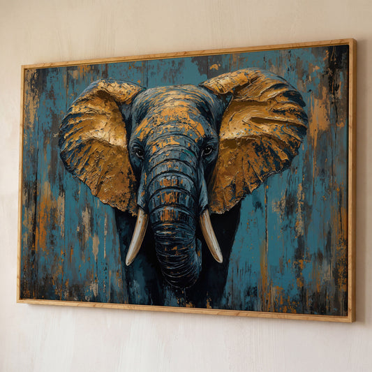 Elephant Portrait Canvas with Teal & Ochre shown in white oak floating frame