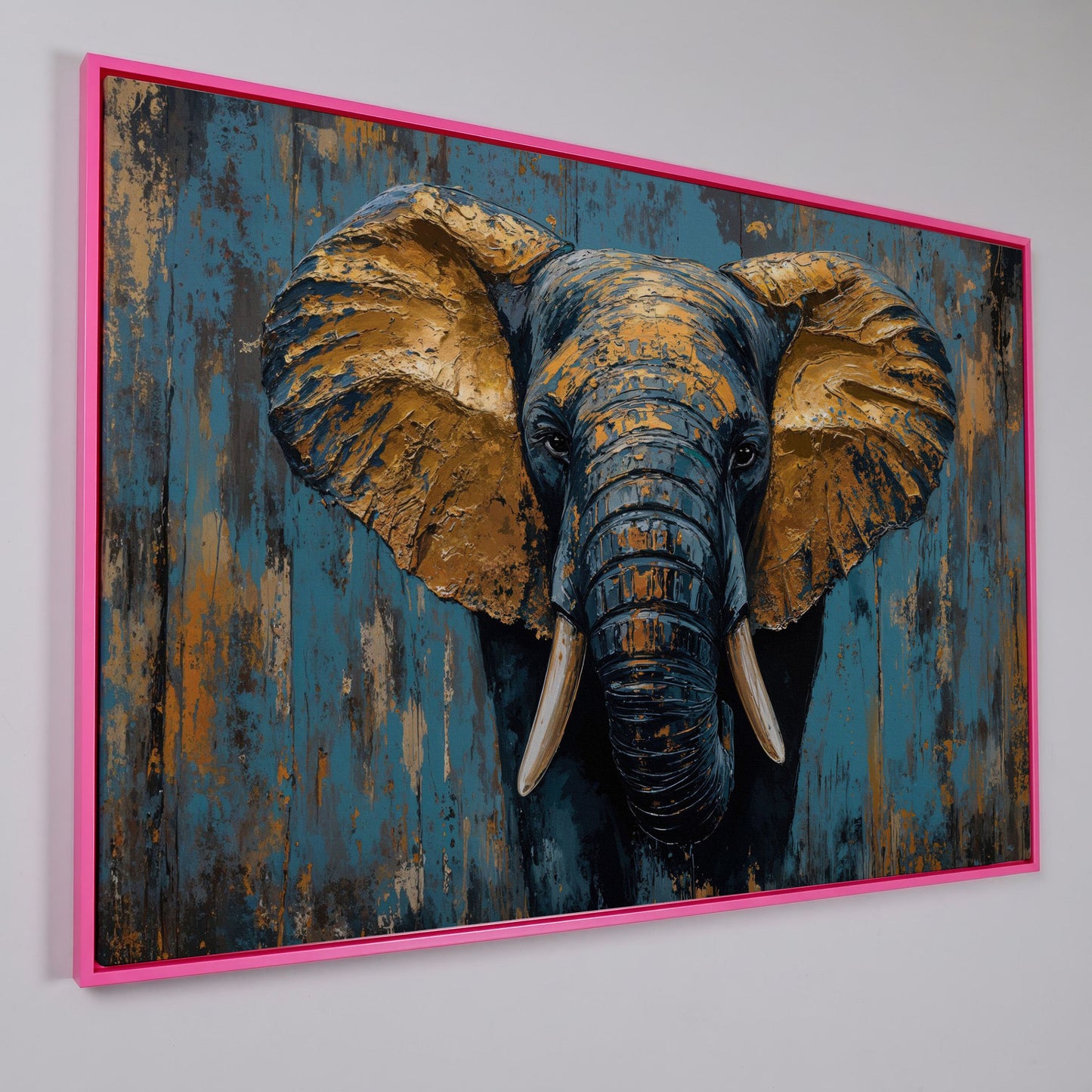 Elephant Portrait Canvas with Teal & Ochre in pink floating frame