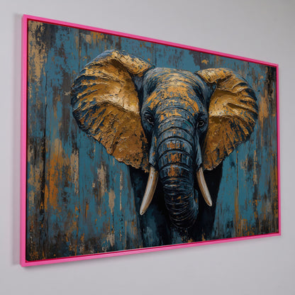 Elephant Portrait Canvas with Teal & Ochre in pink floating frame