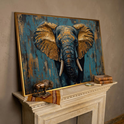 Elephant Portrait Canvas with Teal & Ochre in rose gold floating frame