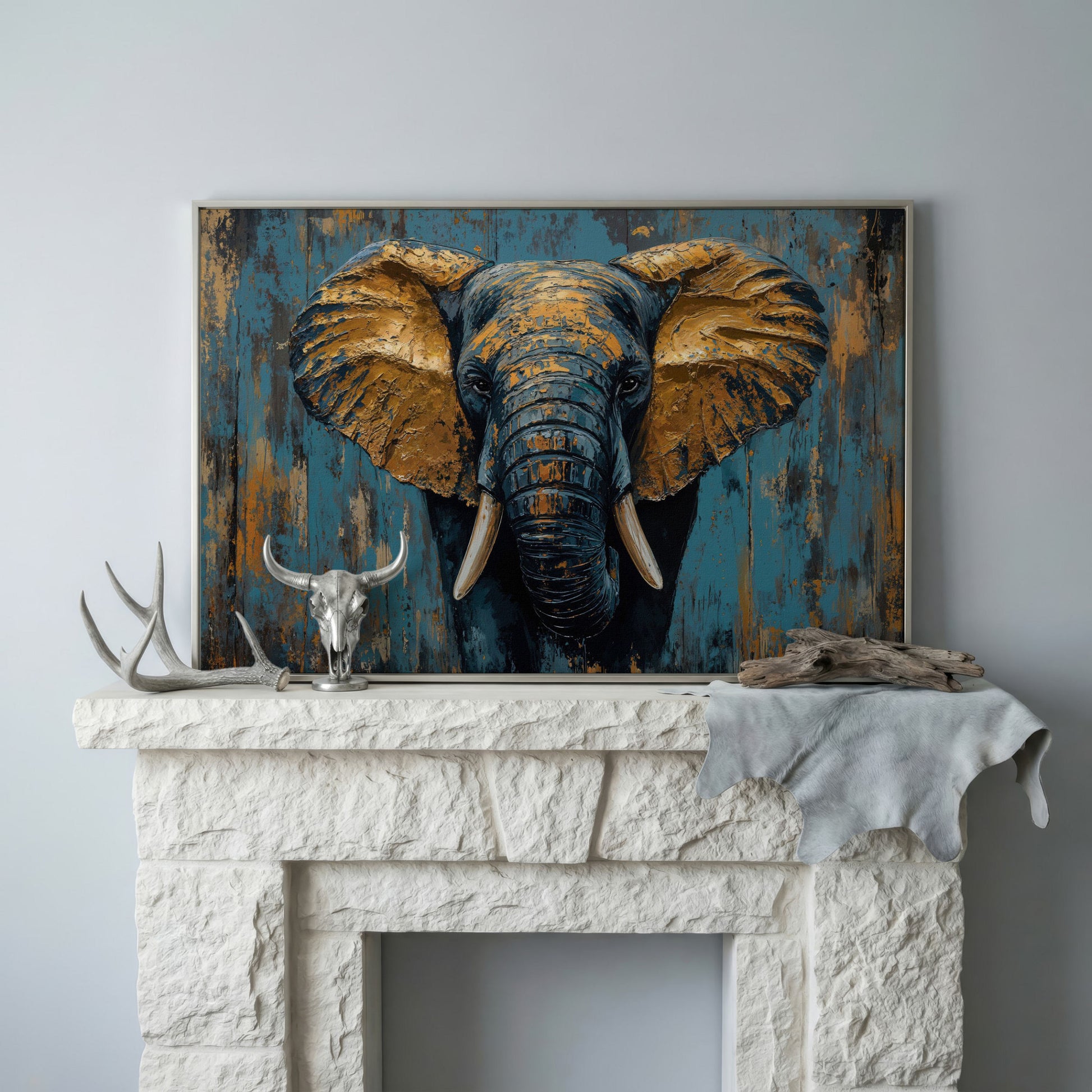 Elephant Portrait Canvas with Teal & Ochre in silver floating frame