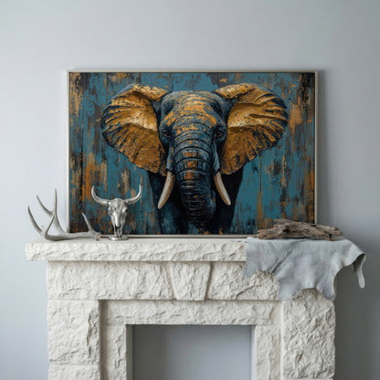 Elephant Portrait Canvas with Teal & Ochre in silver floating frame