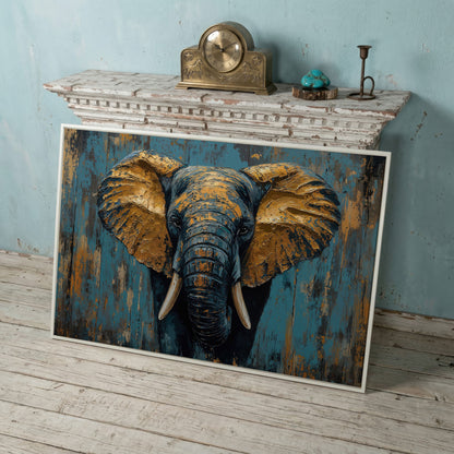 Elephant Portrait Canvas with Teal & Ochre in white floating frame