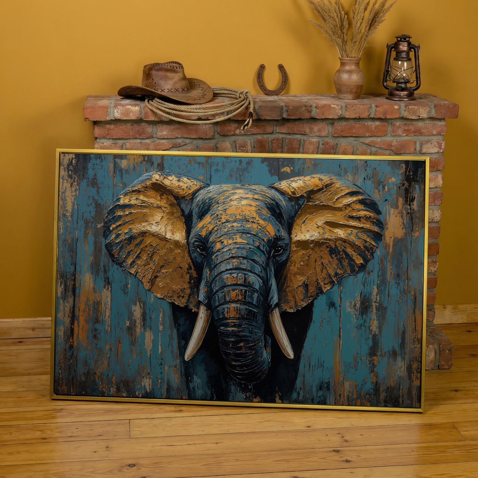 Elephant Portrait Canvas with Teal & Ochre in yellow gold floating frame