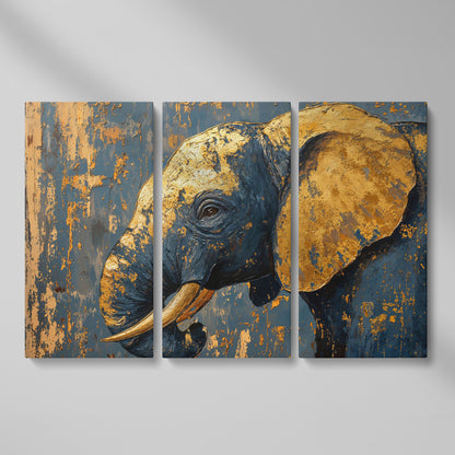 Blue and Gold Baby Elephant Portrait Canvas as 3-panel split version