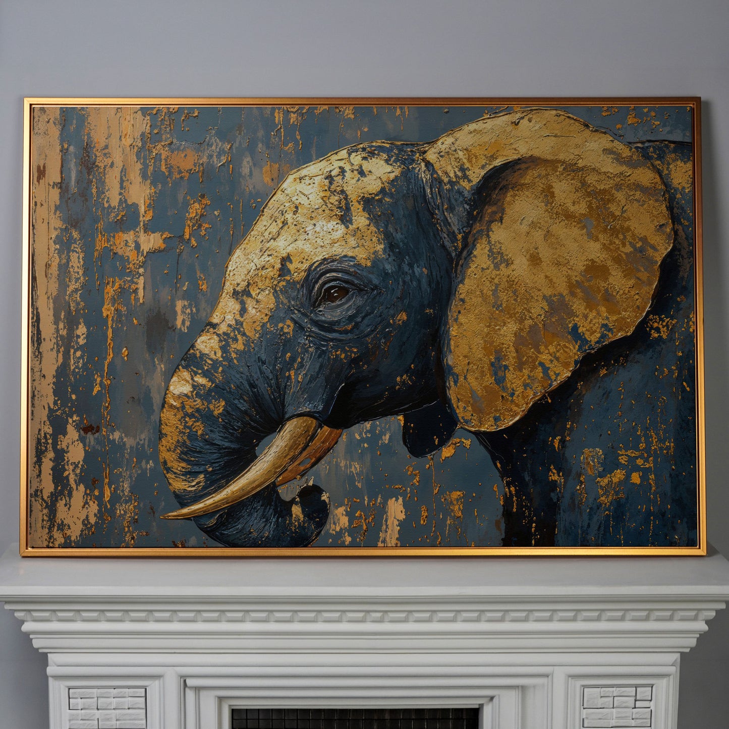 Blue and Gold Baby Elephant Portrait Canvas in antique gold floating frame