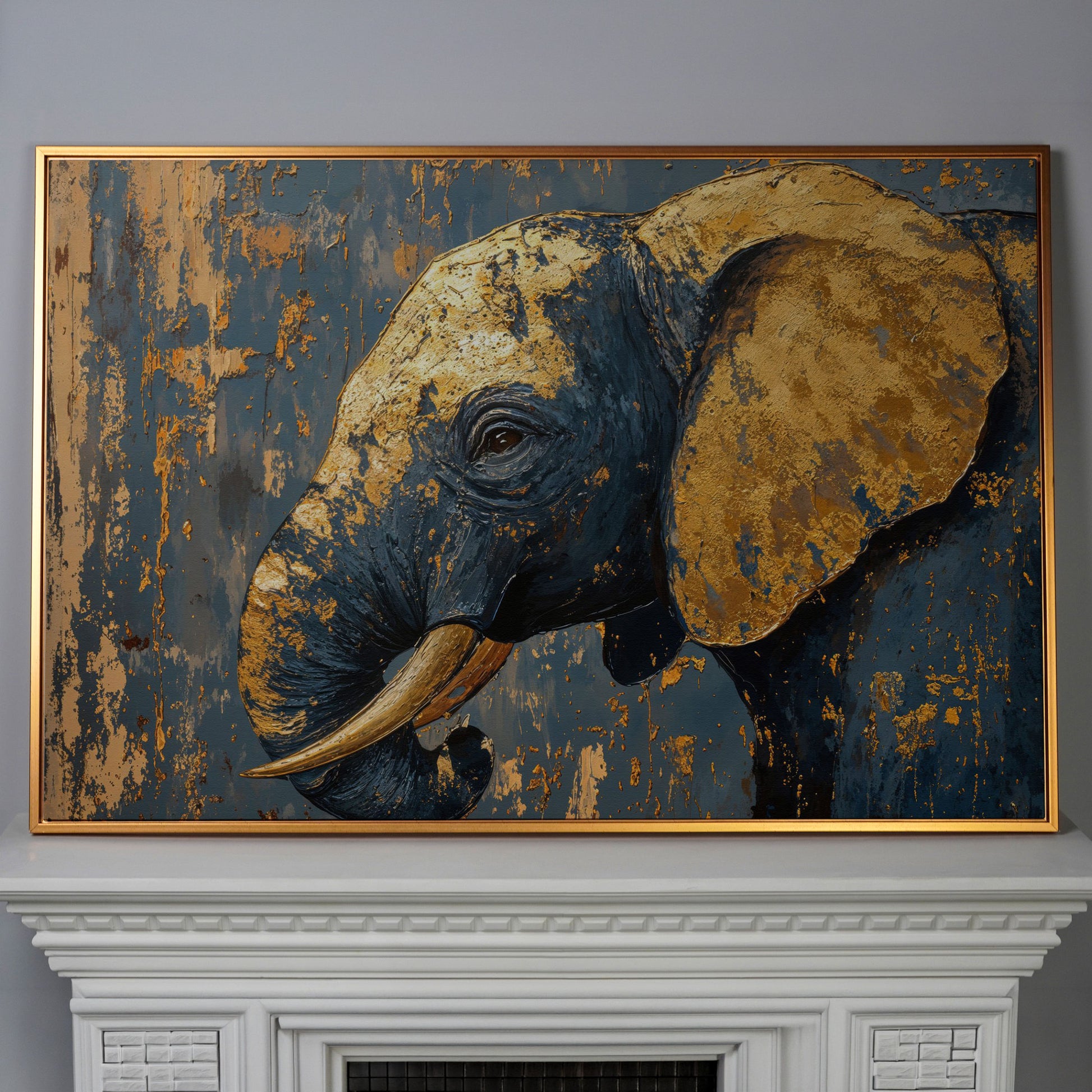 Blue and Gold Baby Elephant Portrait Canvas in antique gold floating frame