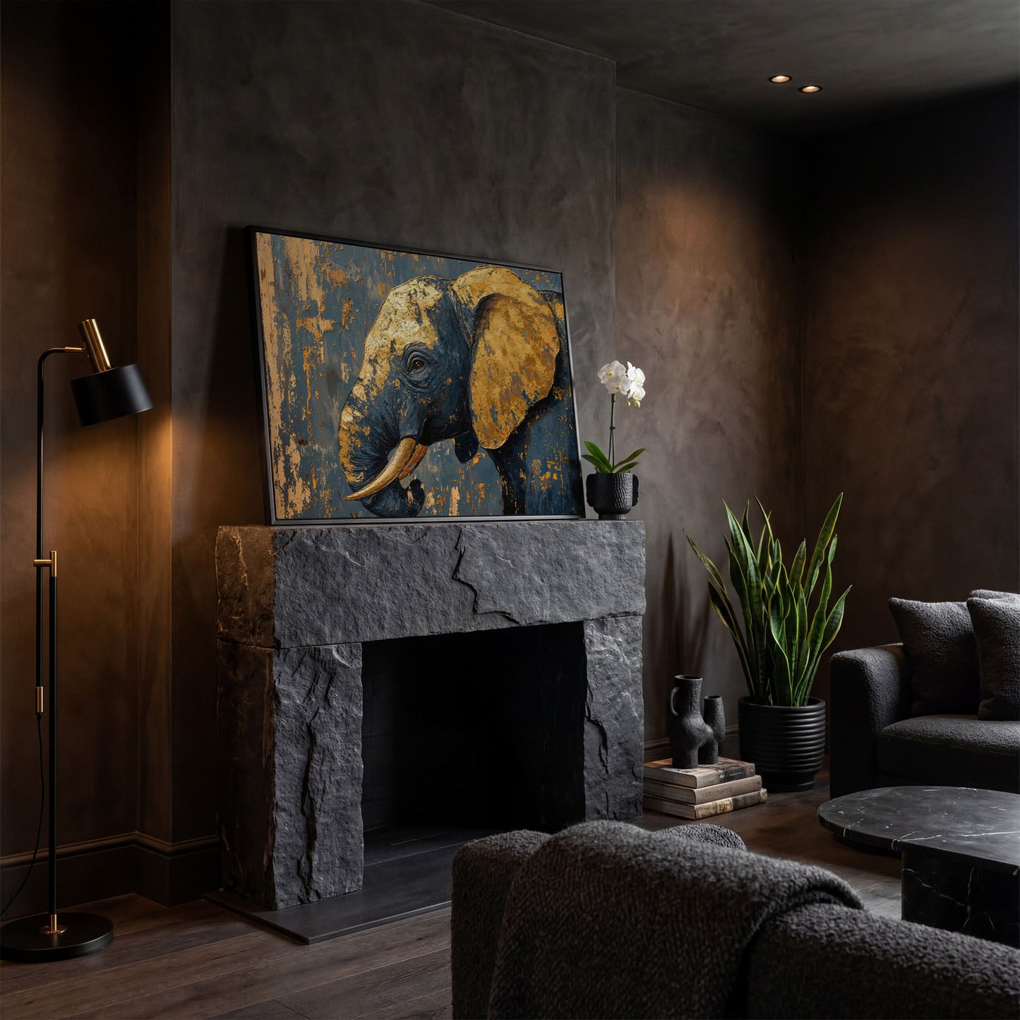 Blue and Gold Baby Elephant Portrait Canvas in black floating frame