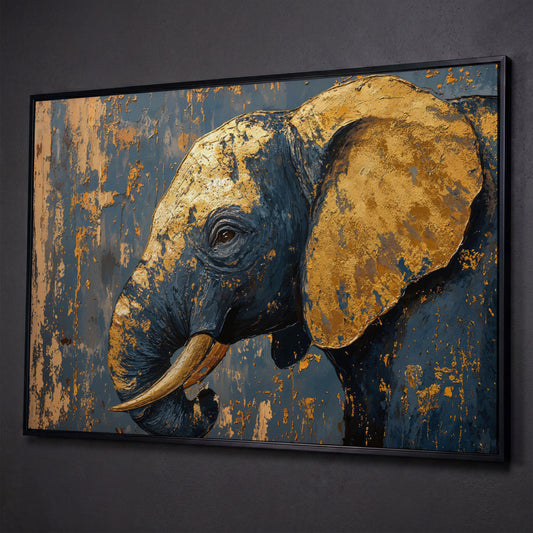 Blue and Gold Baby Elephant Portrait Canvas shown in black floating frame