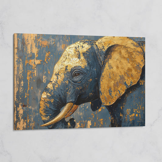 Blue and Gold Baby Elephant Portrait Canvas on gallery wrap