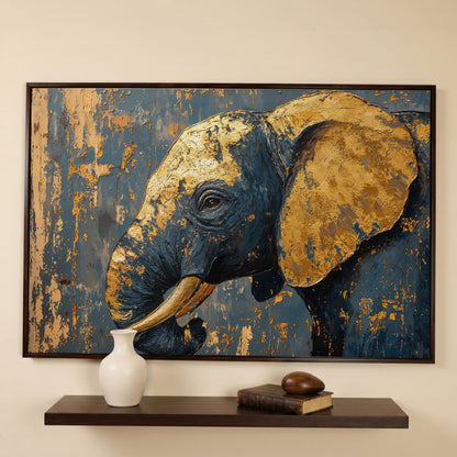 Blue and Gold Baby Elephant Portrait Canvas in dark walnut floating frame
