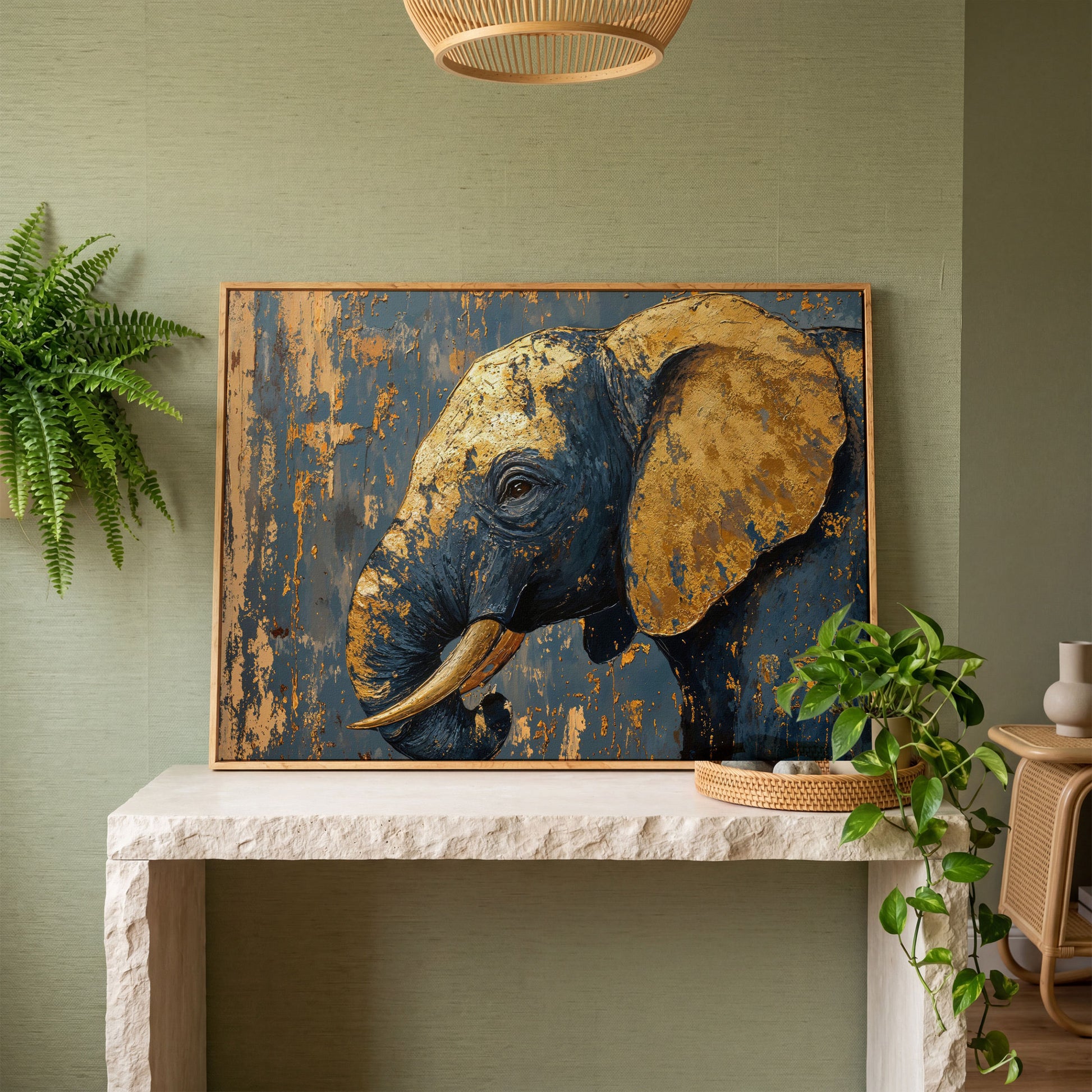 Blue and Gold Baby Elephant Portrait Canvas in white oak floating frame