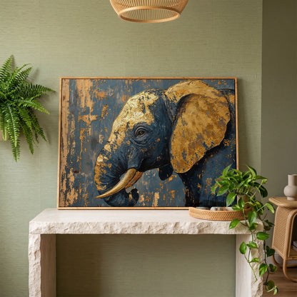 Blue and Gold Baby Elephant Portrait Canvas in white oak floating frame