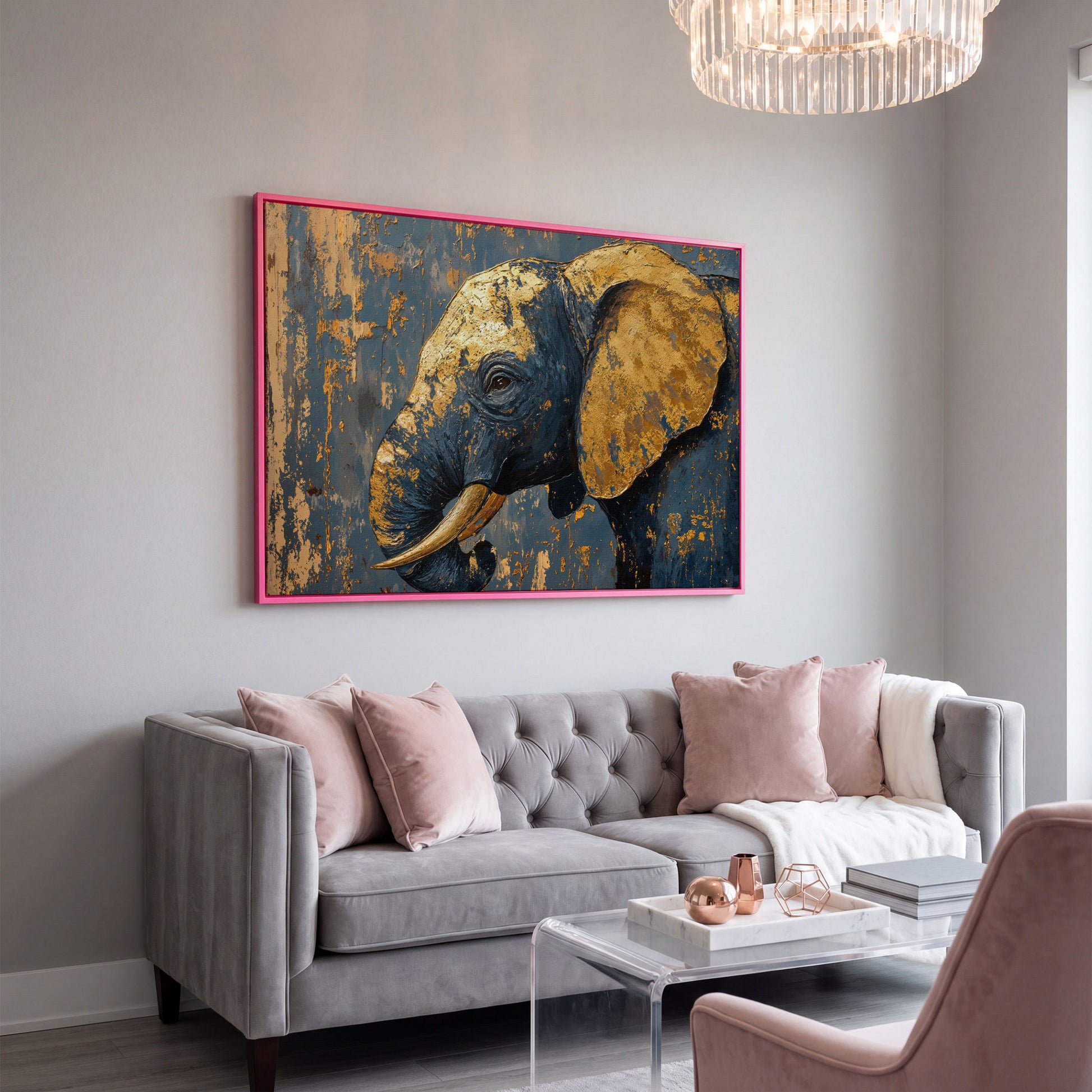 Blue and Gold Baby Elephant Portrait Canvas in pink floating frame