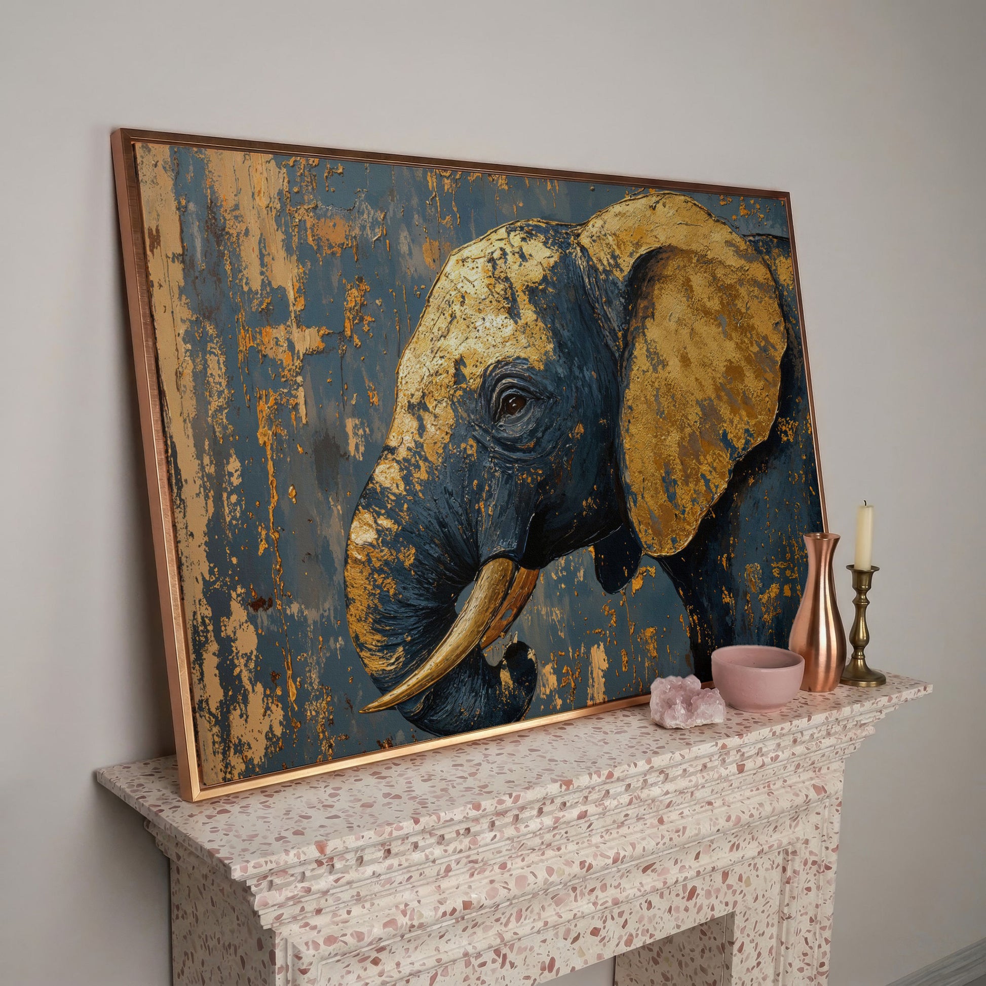 Blue and Gold Baby Elephant Portrait Canvas in rose gold floating frame