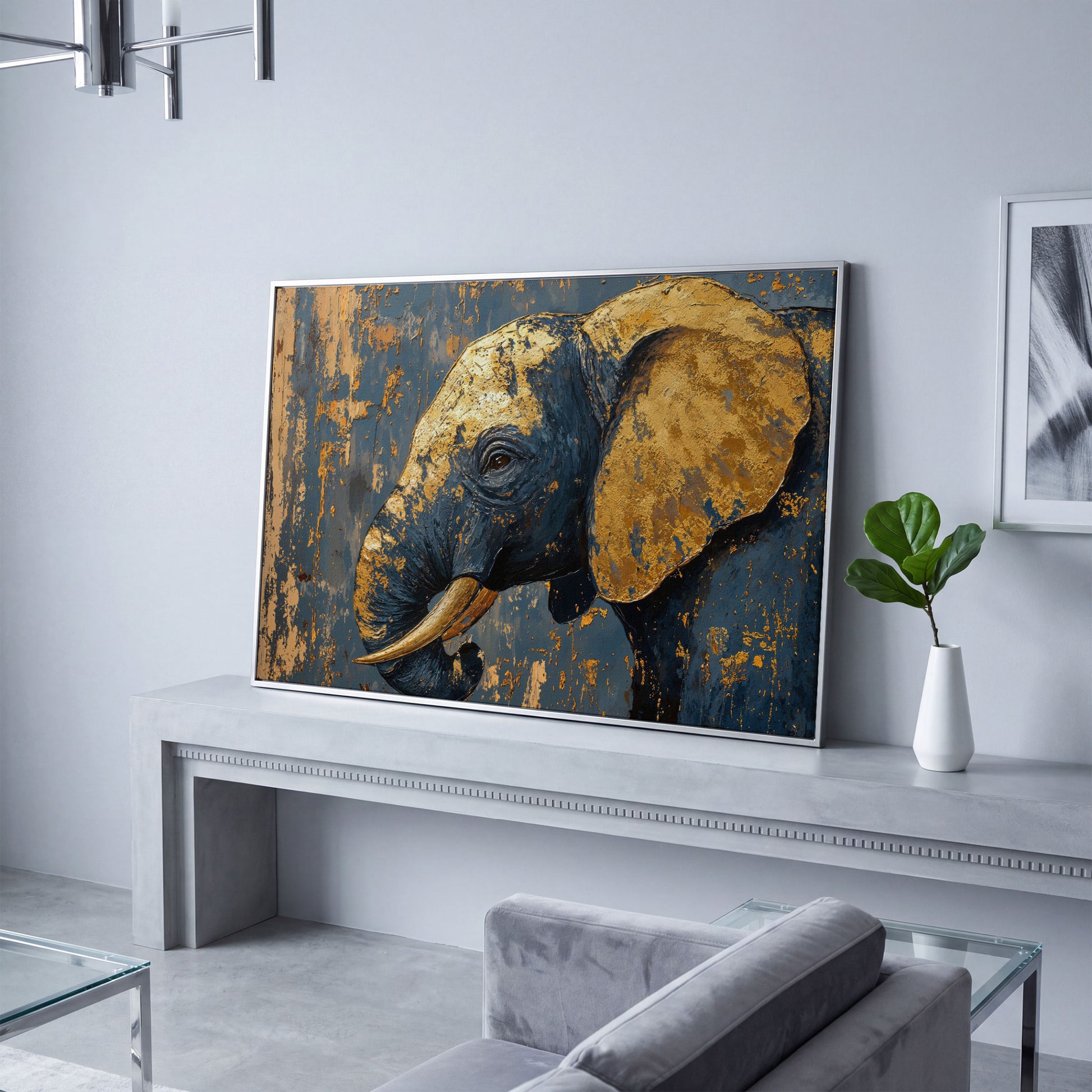 Blue and Gold Baby Elephant Portrait Canvas in silver floating frame