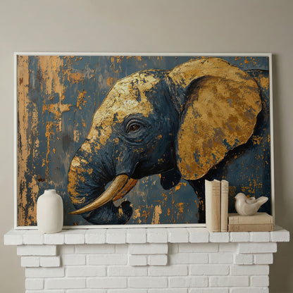 Blue and Gold Baby Elephant Portrait Canvas in white floating frame