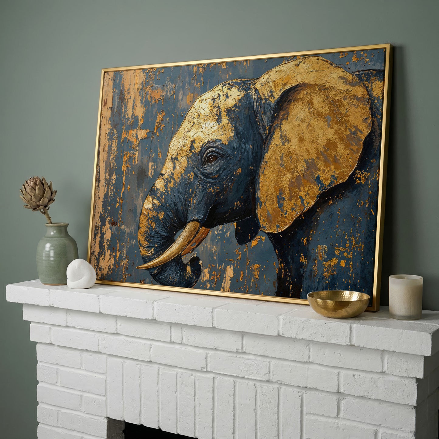 Blue and Gold Baby Elephant Portrait Canvas in yellow gold floating frame