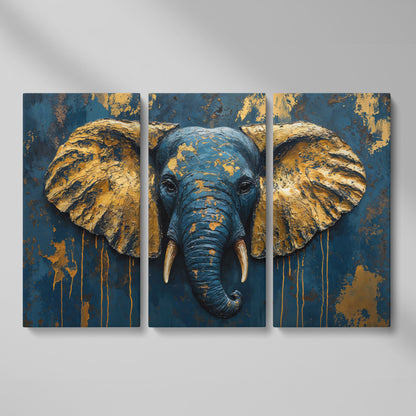 Elephant Portrait Canvas in Deep Teal and Gold as 3-panel split version