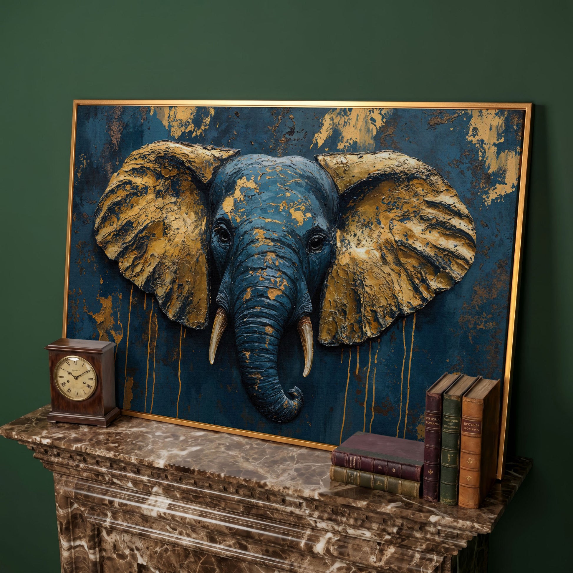 Elephant Portrait Canvas in Deep Teal and Gold in antique gold floating frame