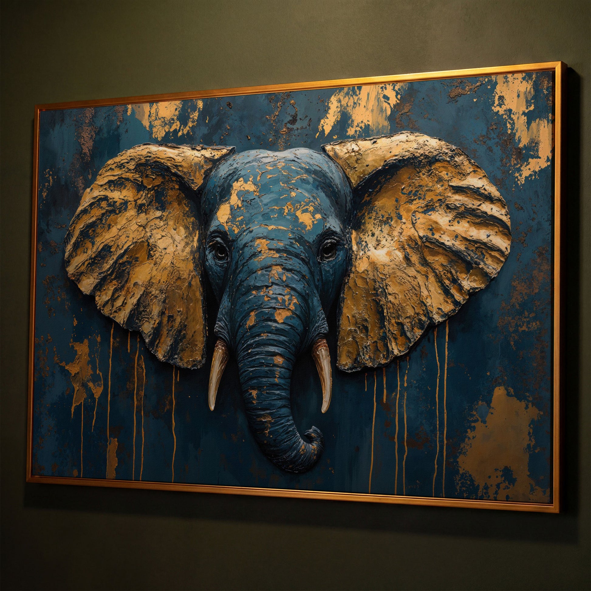 Elephant Portrait Canvas in Deep Teal and Gold shown in antique gold floating frame