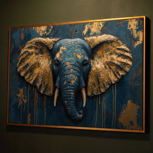 Elephant Portrait Canvas in Deep Teal and Gold shown in antique gold floating frame
