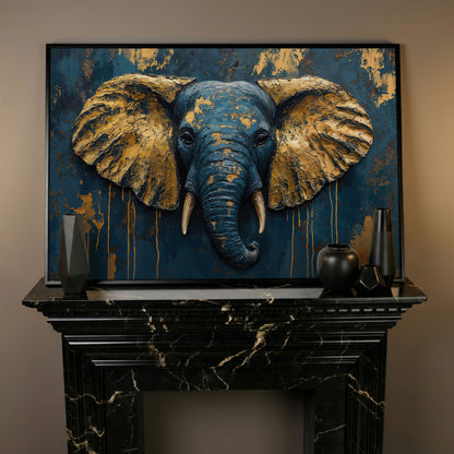 Elephant Portrait Canvas in Deep Teal and Gold in black floating frame
