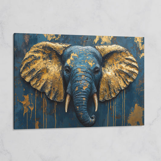Elephant Portrait Canvas in Deep Teal and Gold on gallery wrap