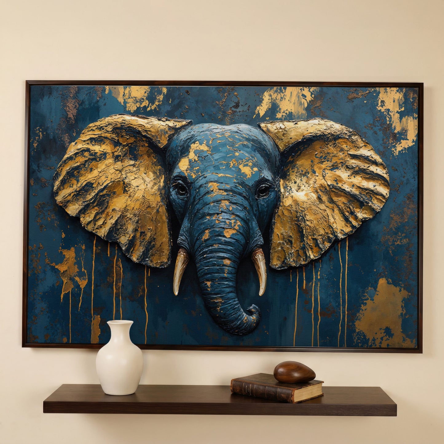 Elephant Portrait Canvas in Deep Teal and Gold in dark walnut floating frame