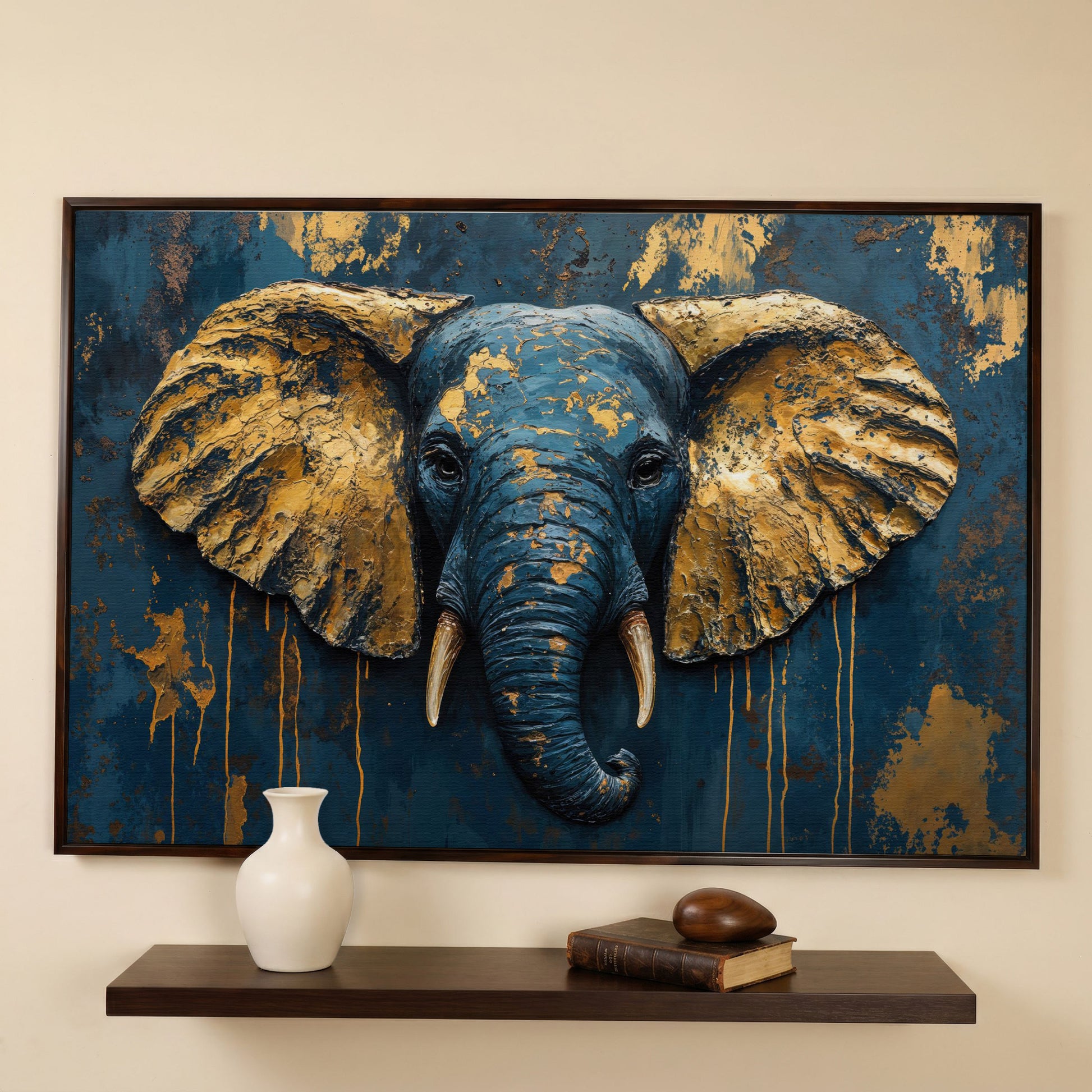 Elephant Portrait Canvas in Deep Teal and Gold in dark walnut floating frame