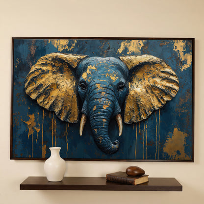 Elephant Portrait Canvas in Deep Teal and Gold in dark walnut floating frame