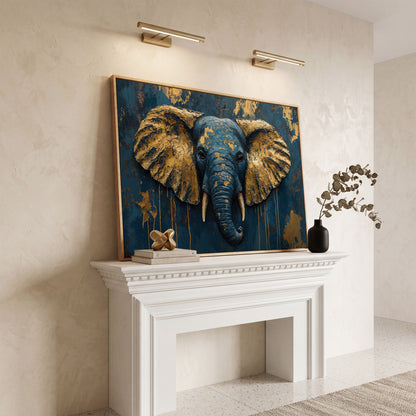Elephant Portrait Canvas in Deep Teal and Gold in white oak floating frame