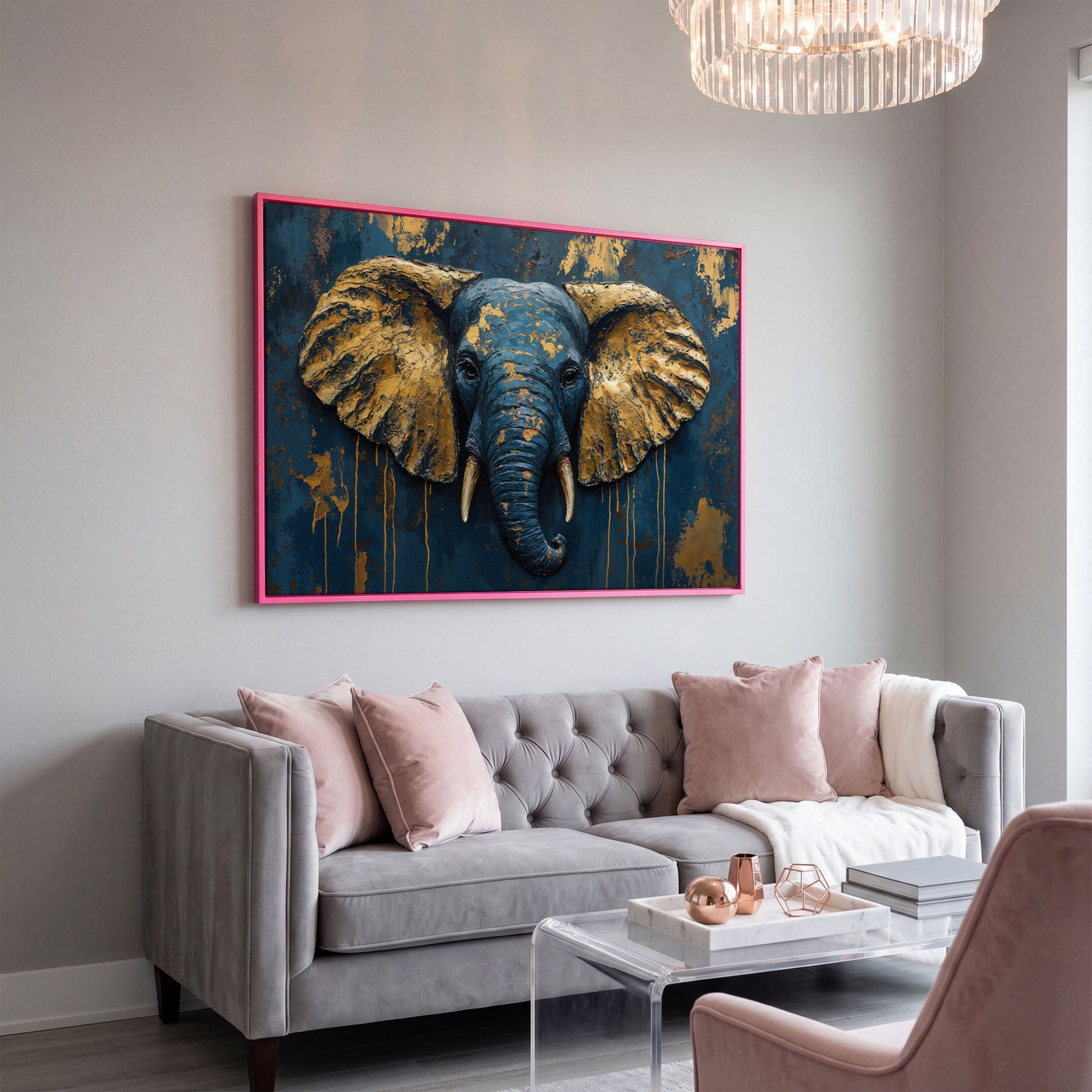 Elephant Portrait Canvas in Deep Teal and Gold in pink floating frame