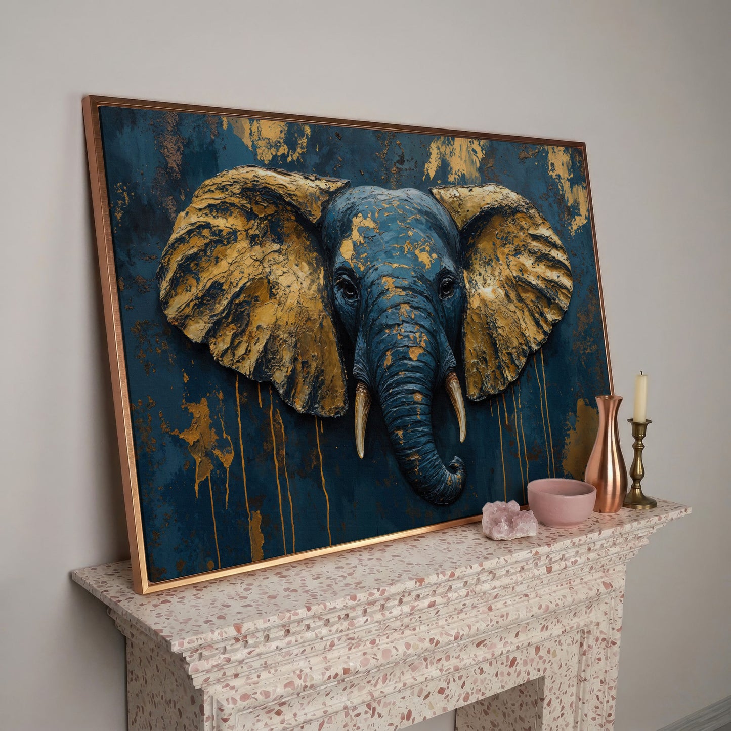 Elephant Portrait Canvas in Deep Teal and Gold in rose gold floating frame