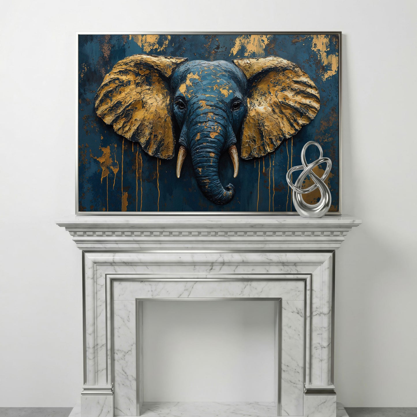 Elephant Portrait Canvas in Deep Teal and Gold in silver floating frame