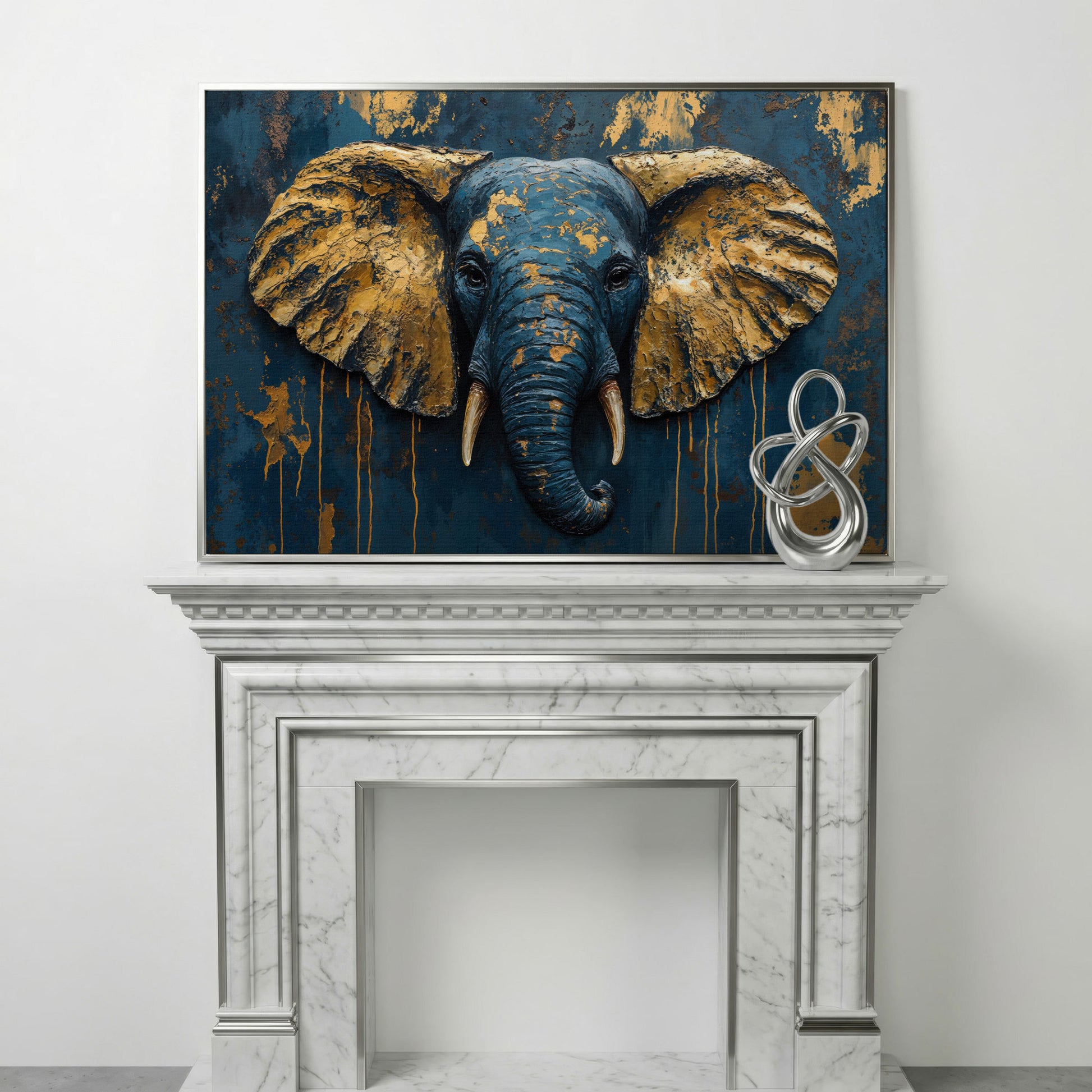 Elephant Portrait Canvas in Deep Teal and Gold in silver floating frame