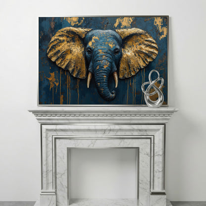 Elephant Portrait Canvas in Deep Teal and Gold in silver floating frame