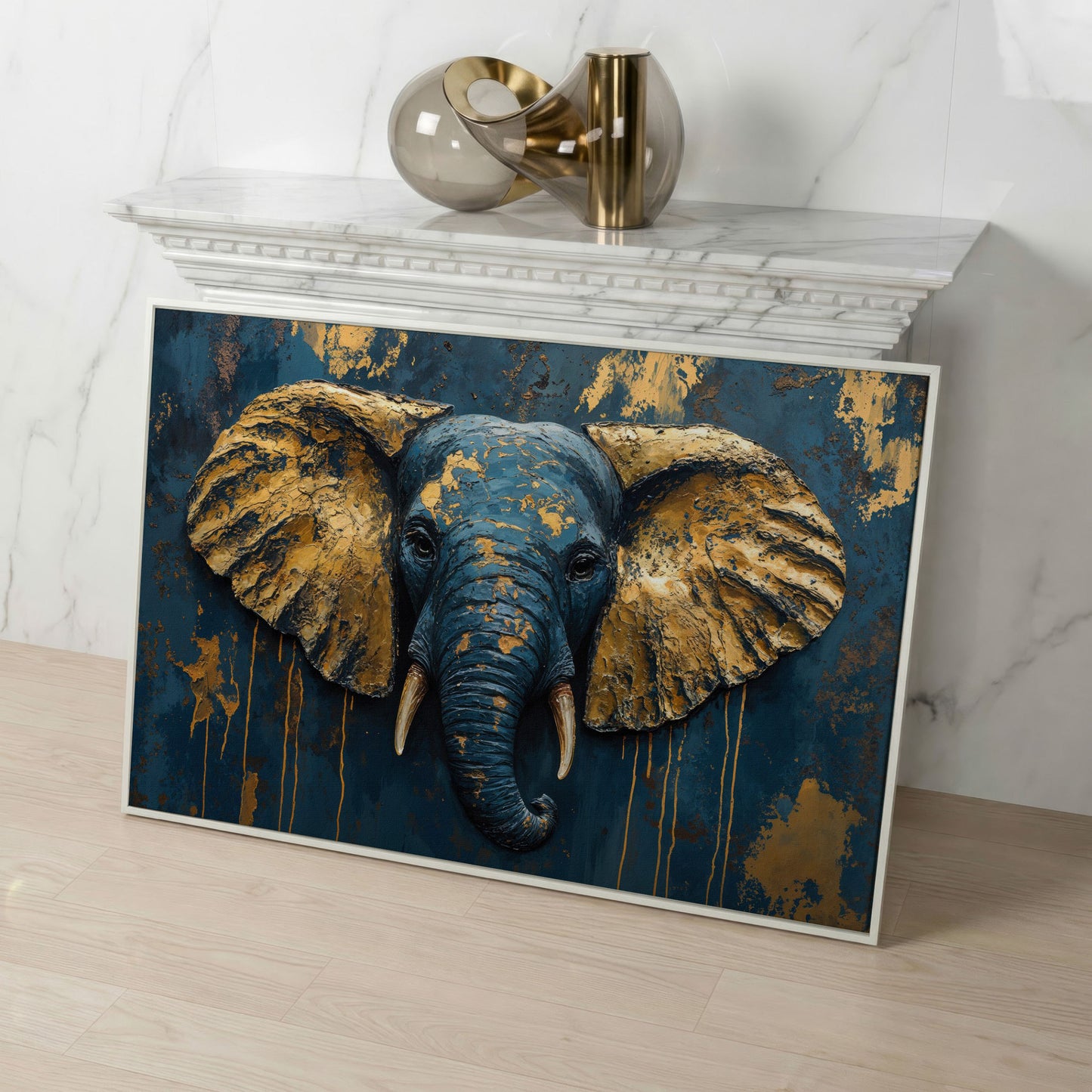 Elephant Portrait Canvas in Deep Teal and Gold in white floating frame