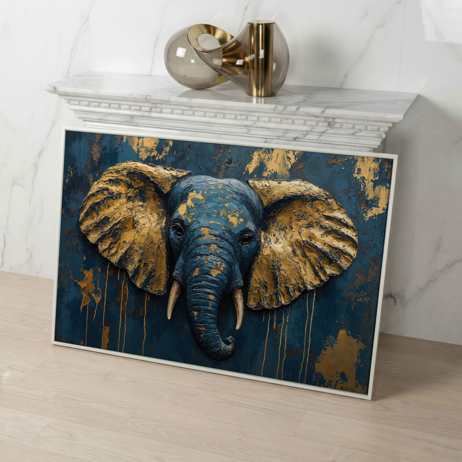 Elephant Portrait Canvas in Deep Teal and Gold in white floating frame