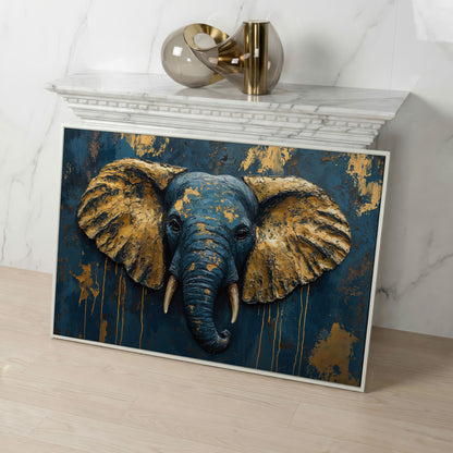 Elephant Portrait Canvas in Deep Teal and Gold in white floating frame