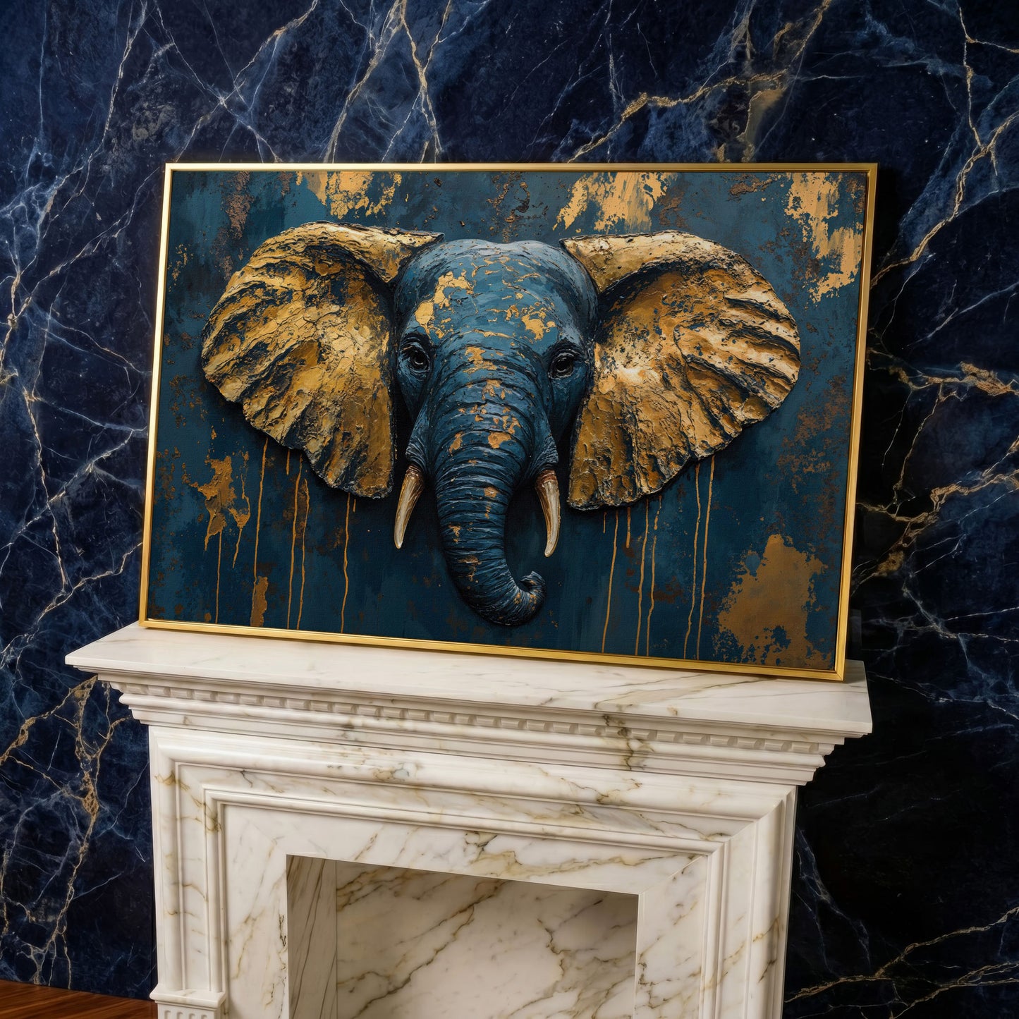 Elephant Portrait Canvas in Deep Teal and Gold in yellow gold floating frame