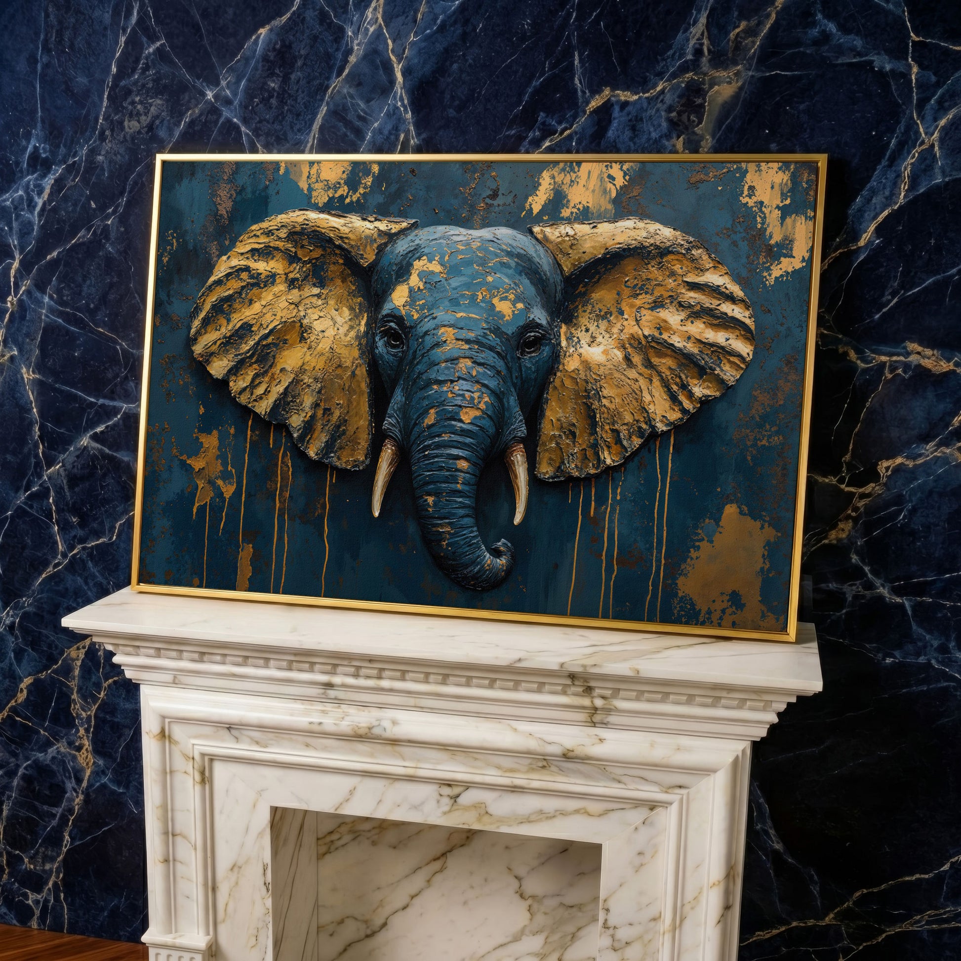 Elephant Portrait Canvas in Deep Teal and Gold in yellow gold floating frame