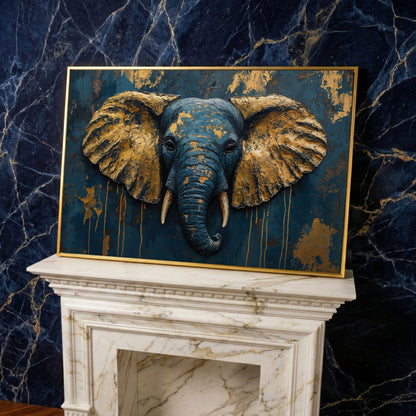 Elephant Portrait Canvas in Deep Teal and Gold in yellow gold floating frame