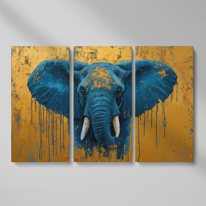 Blue Elephant Canvas Art with Drip Paint Detail as 3-panel split version