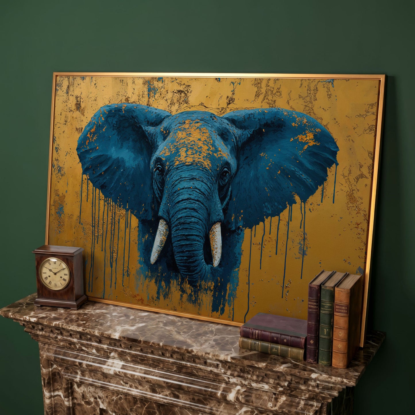 Blue Elephant Canvas Art with Drip Paint Detail in antique gold floating frame