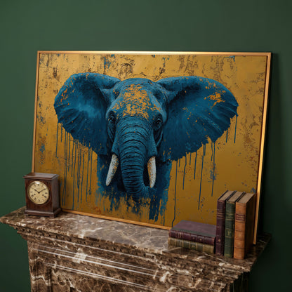 Blue Elephant Canvas Art with Drip Paint Detail in antique gold floating frame